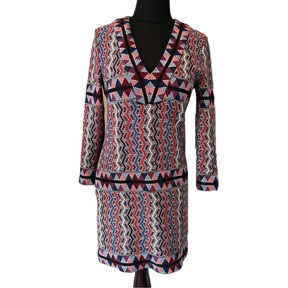 Bcbgmaxazria Belle V-Neck Dress - Red/Multi Geometric Pattern Dress